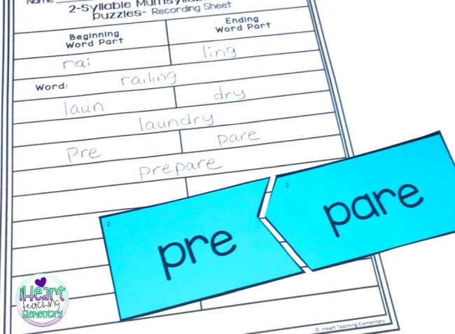 Word puzzle for the word prepare, broken into pre and pare, on top of a worksheet with words broken into chunks (Decoding Strategies)