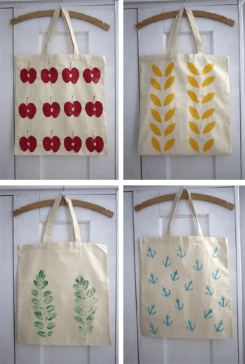 Handprinted cotton tote bags with colorful designs