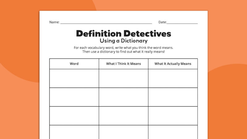 Flat lay of Definitions Detectives vocabulary worksheet