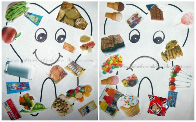 Collages of healthy and unhealthy foods pasted onto paper teeth (Dental Health Activities)