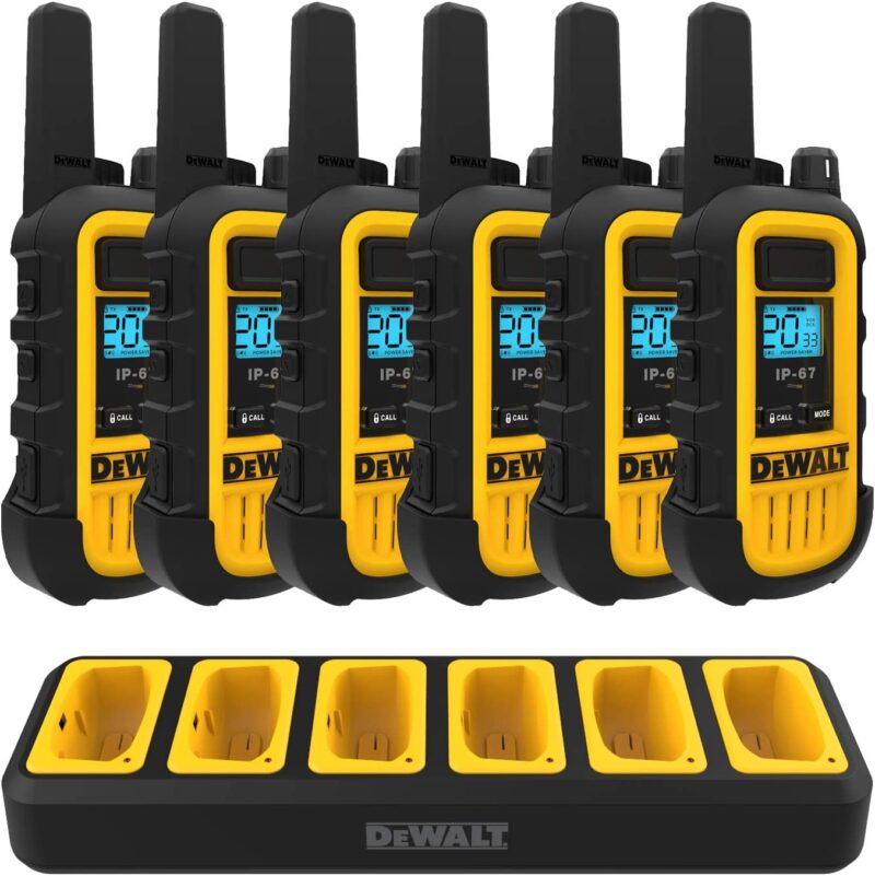 Six yellow and black walkie talkies are shown in front of a base to house them in.