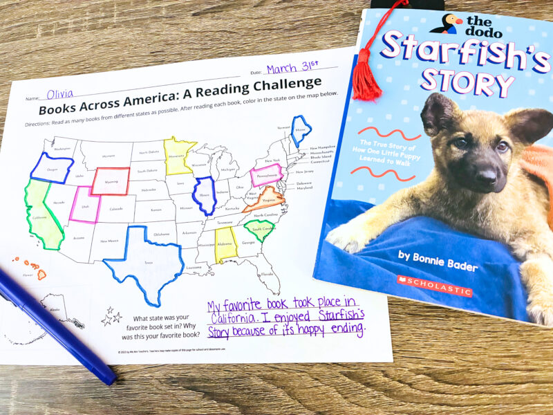 Read Across America Activities an image of a read across America map pintable with a book