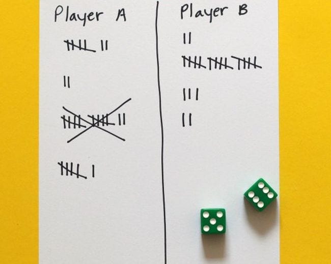 Tally sheet with two columns for player A and player B