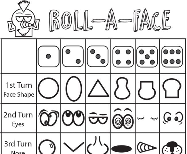 Roll-a-Face dice game with different face shapes, eyes, noses, etc. indicated by dice roll