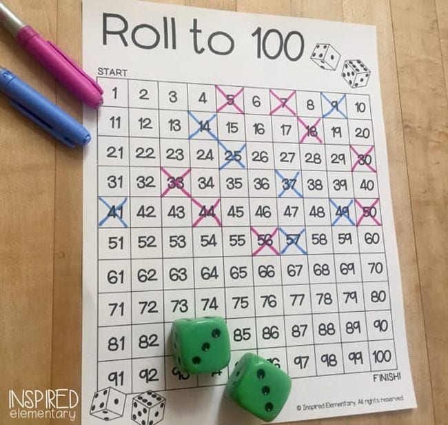 Roll to 100 hundreds chart with markers and two green dice