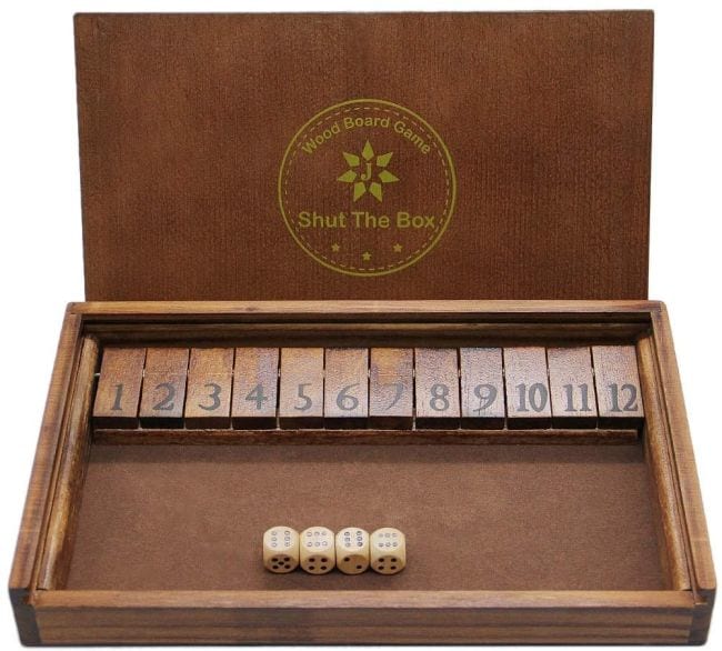 Wooden Shut the Box dice game with 12 numbered tiles (Dice Games)