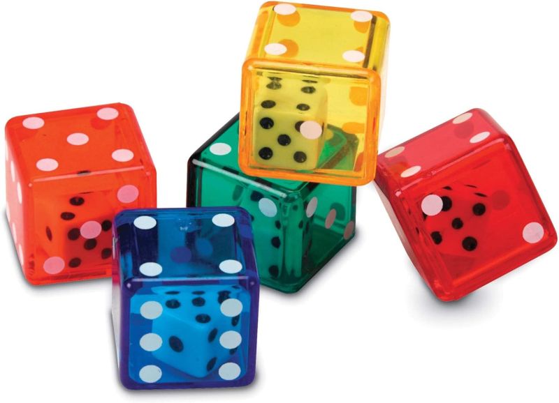 Five plastic transparent dice with a smaller die inside each one