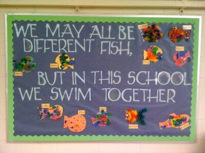 we may all be different fish but in this school we swim together under the sea front office bulletin board