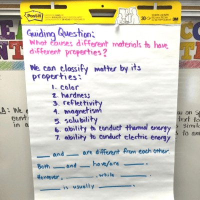 anchor chart that reads "guiding question: what causes different materials to have different properties?"