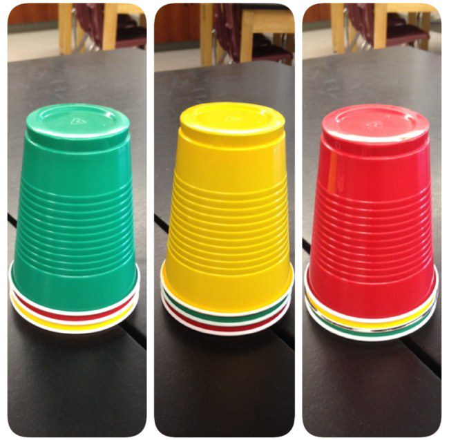 Three stacks of colored cups: red, yellow, and green