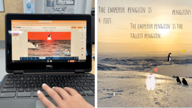 Collage of student working in a digital workspace and a sample digital workspace on emperor penguins