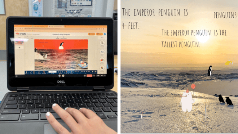 Collage of student working in a digital workspace and a sample digital workspace on emperor penguins