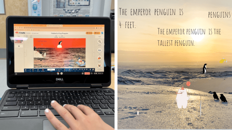 Collage of student working in a digital workspace and a sample digital workspace on emperor penguins. If you are teaching second grade, this is age-appropriate. 
