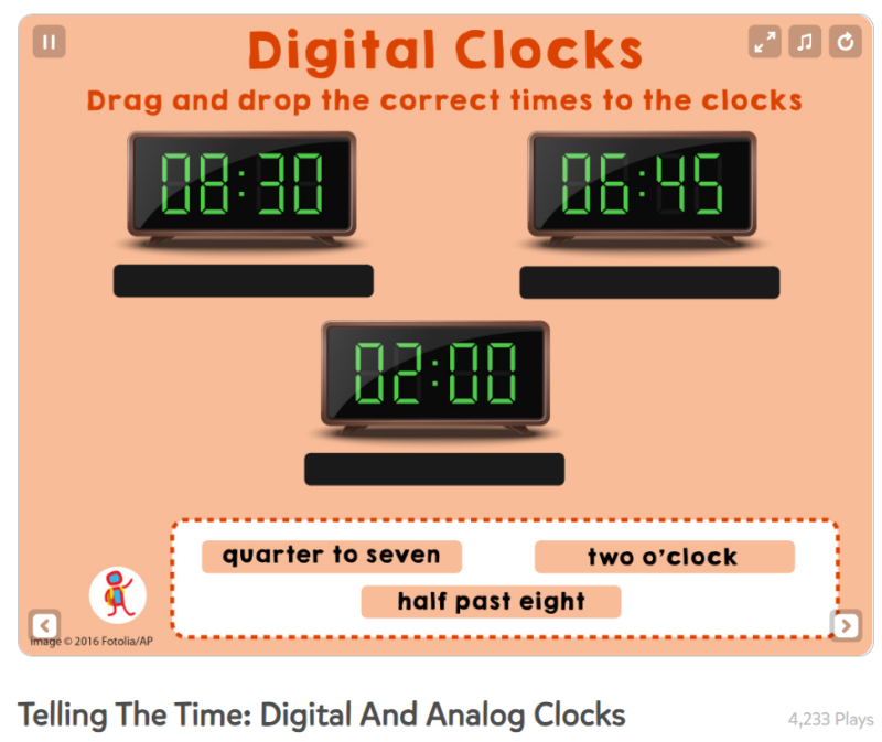 Three digital clocks are shown. Text reads drag and drop the correct times to the clocks.