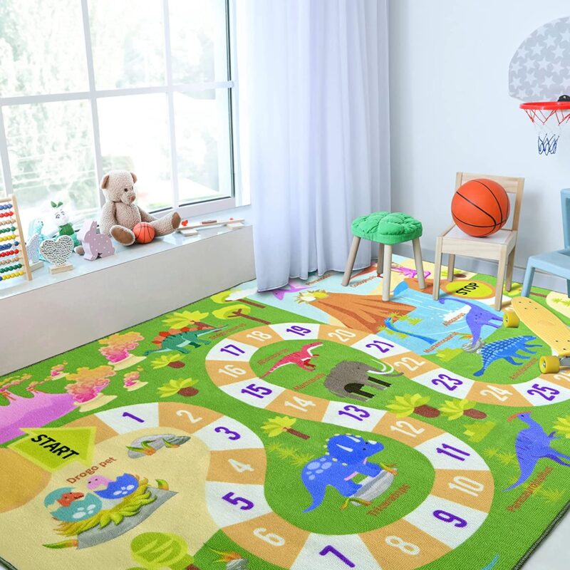 A rug features dinosaurs and a winding path with numbers.
