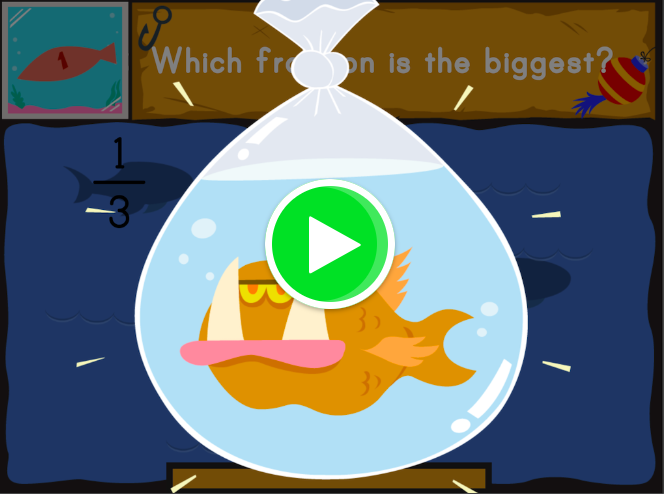 Main screen image of online fraction game Dino Fishing