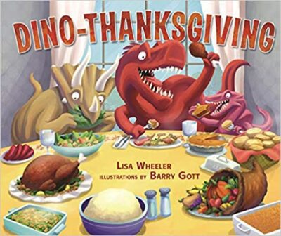 Book cover for Dino Thanksgiving as an example of dinosaur books for kids