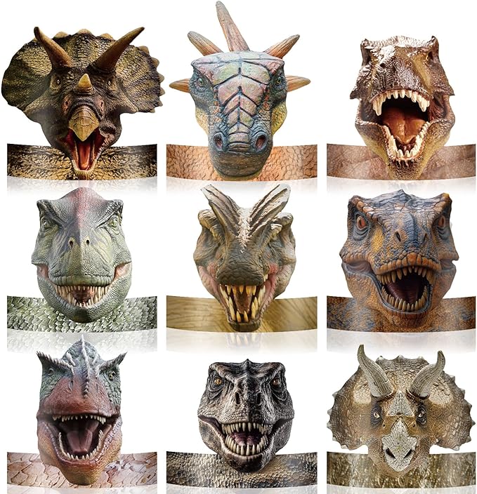 A set of nine realisstic looking dinosaur headbands