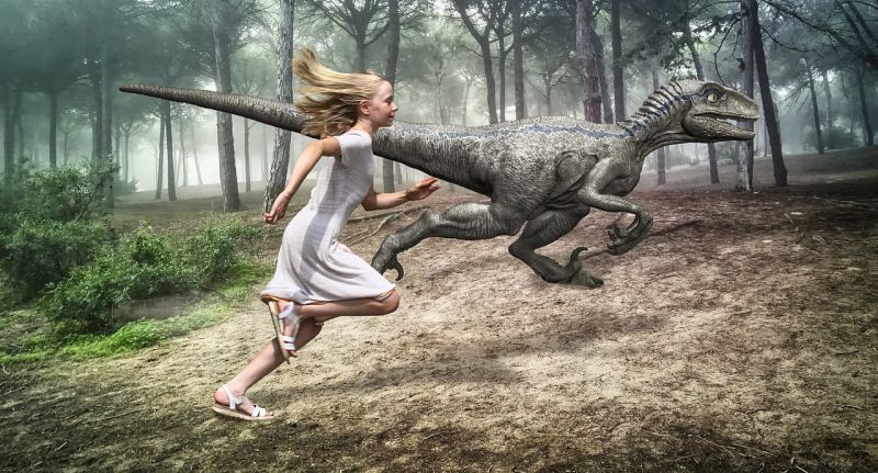 An illustration of a young girl racing alongside a dinosaur