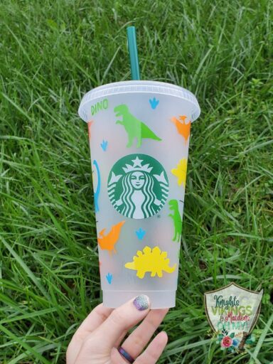 Starbucks Cold Cup with small pastel dinosaurs