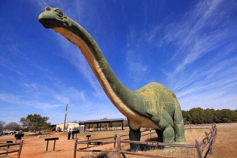 Large dinosaur statue at Dinosaur Valley State Park, as an example of best family vacations