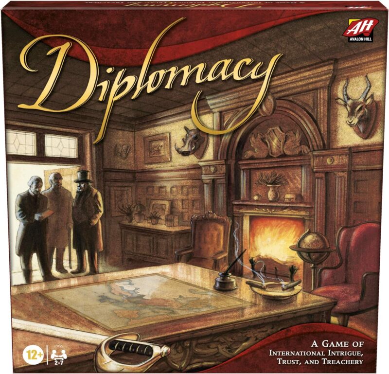 Best cooperative board games include this box that says Diplomacy with three men dressed in old fashioned attire in an elegant living room.