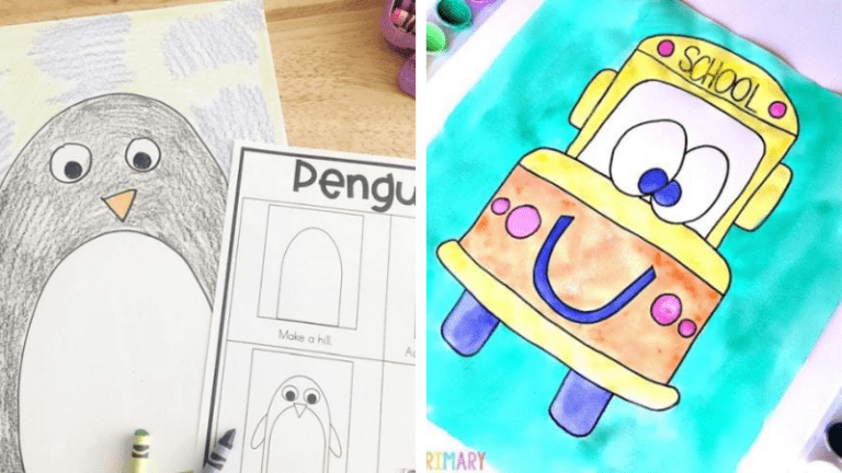 Examples of directed drawing activities, including a penguin and a school bus.