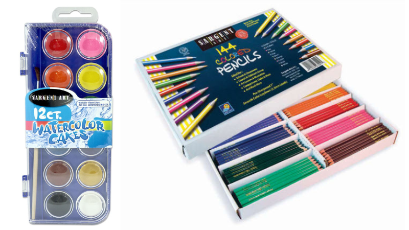 Watercolor paint tray set and box of bulk colored pencils in multiple colors- discount school supplies