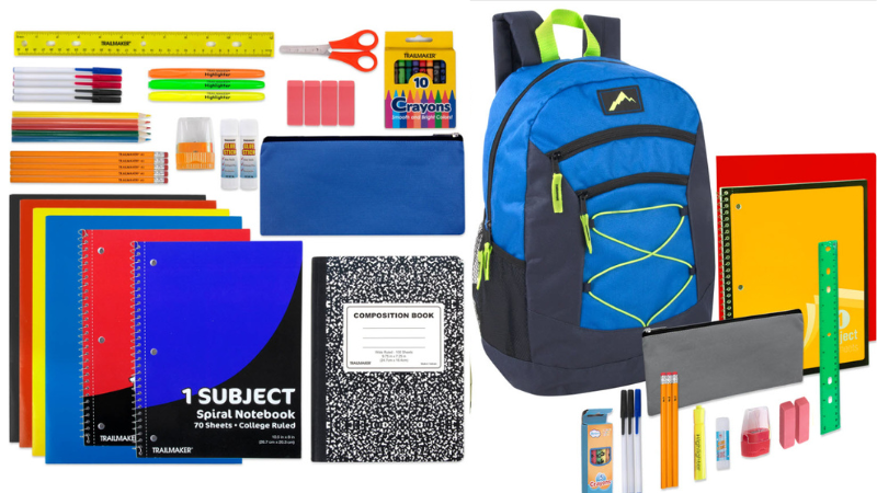 Discount school supplies and a child's backpack