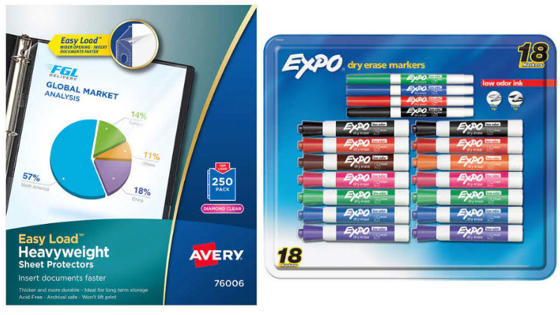 Pack of 250 heavyweight sheet protectors and pack of 18 Expo dry erase markers