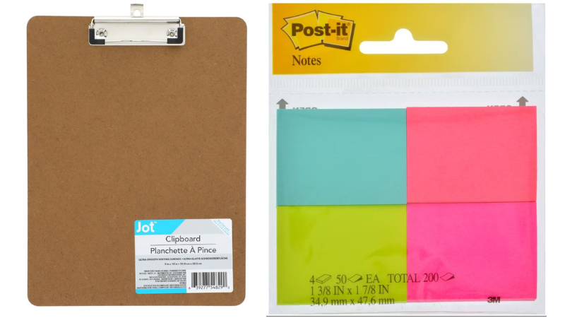 Wooden low-profile clipboard and package of four Post It notepads in bright colors- discount school supplies