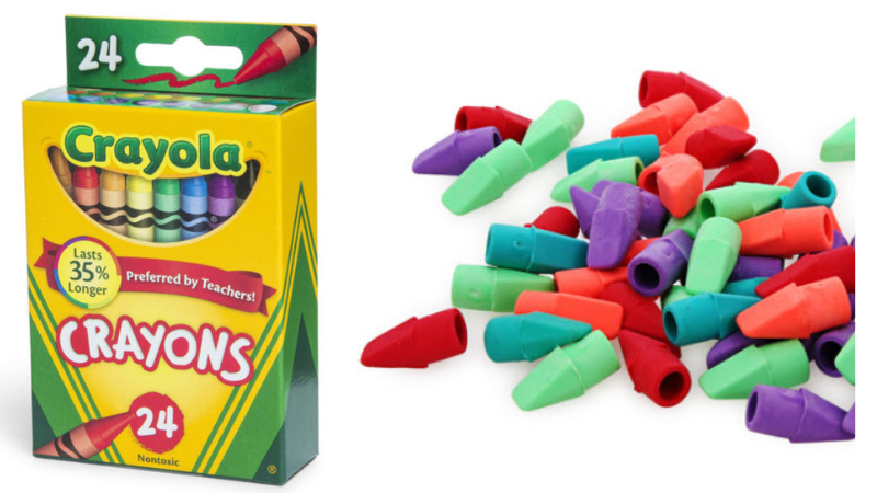 Pack of 24 Crayola Crayons and pile of colorful pencil cap erasers