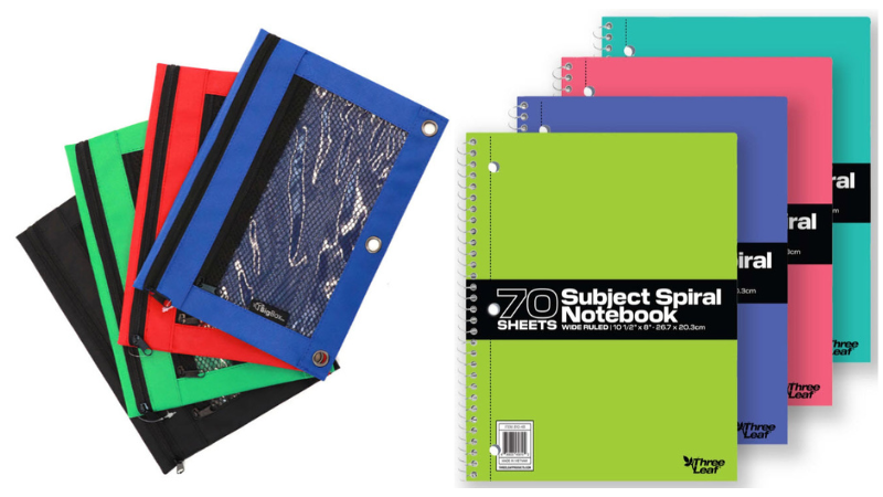 Set of 4 colorful 3-ring binder pencil pouches, and 4 spiral bound notebooks