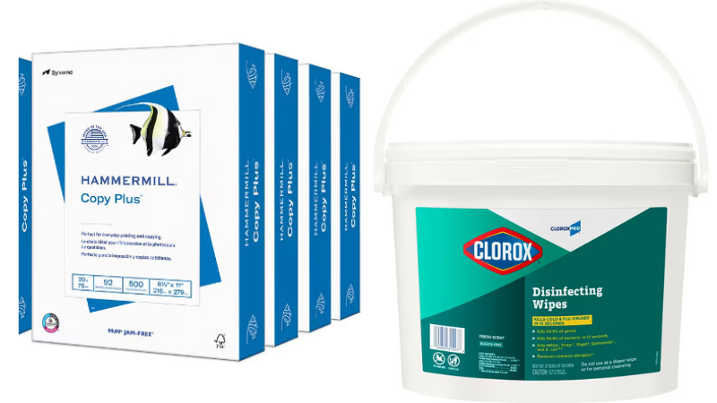 Several reams of Hammermill copy paper and a large tub of Clorox Disinfecting Wipes- discount school supplies