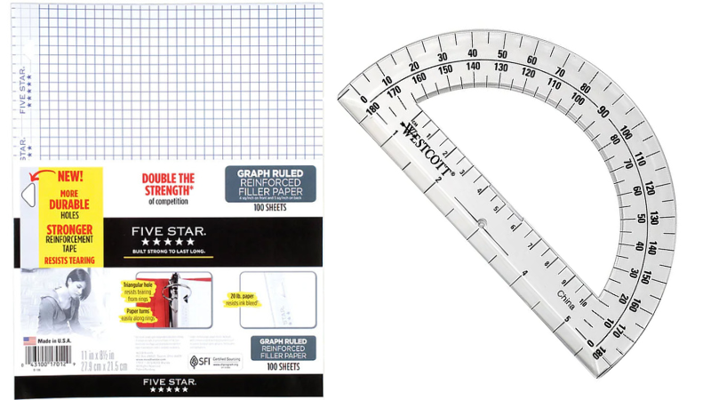 Package of graph filler paper and a clear plastic protractor