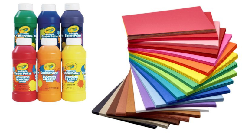 Set of six large bottles of fingerpaints, and a stack of rainbow-colored construction paper- discount school supplies