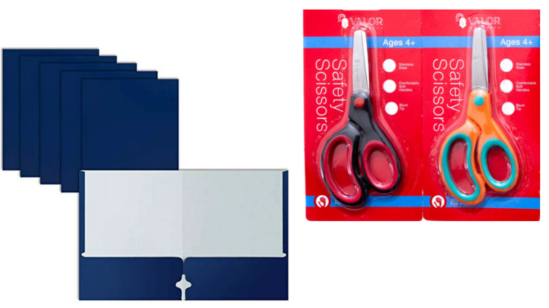 Blue pocket folders and soft-handled safety scissor in packaging- discount school supplies