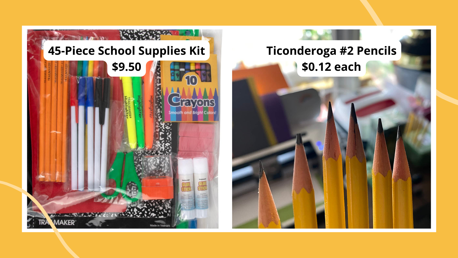 Examples of discount school supplies including a 45-piece kit for $9.50 and Ticonderoga #2 pencils for $0.12 each.
