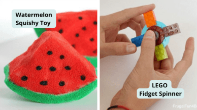 Examples of DIY fidget toys including watermelon squishy toy and hands holding a LEGO fidget spinner