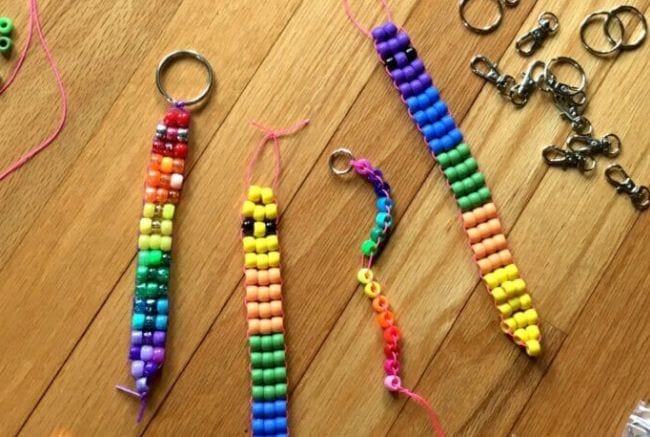 Pony beads strung on vinyl laces in various patterns (DIY Fidgets)