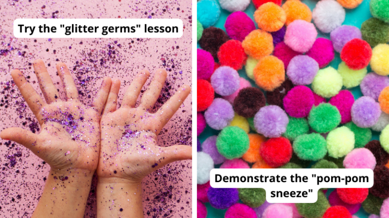 Collage of a child's hands with glitter and pom-poms with text 'Try the 'glitter germs' lesson' and 'Demonstrate the 'pom-pom' sneeze''