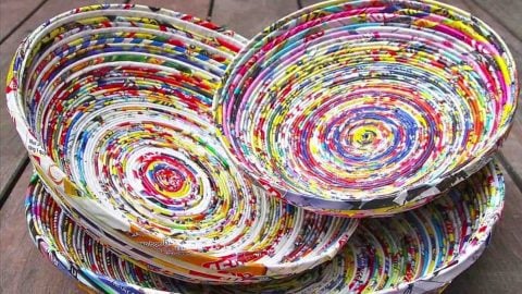 Bowls made from coils or rolled magazine strips as an example of Earth Day crafts