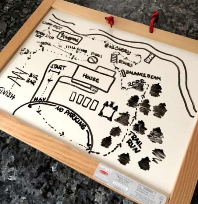 A map drawn on a whiteboard showing the plans for a backyard obstacle course