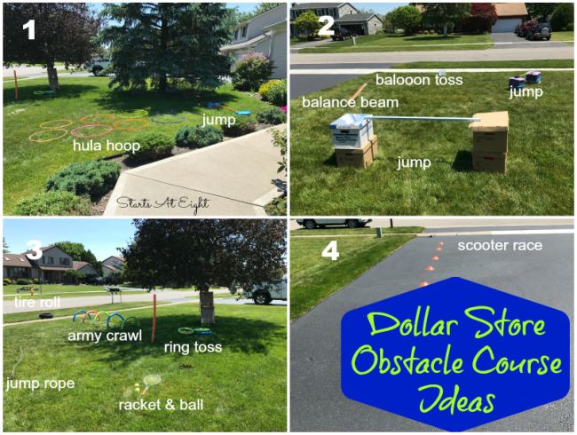 Collage of DIY obstacle courses for kids using items from the dollar store