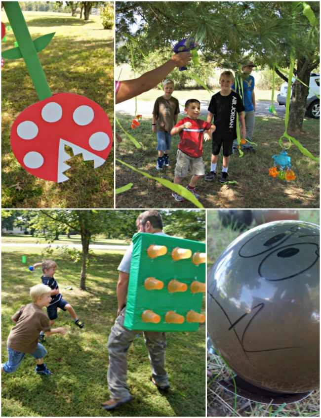 A collage of photos showing children running through an obstacle course with a Super Mario theme, as an example of DIY obstacle courses for kids