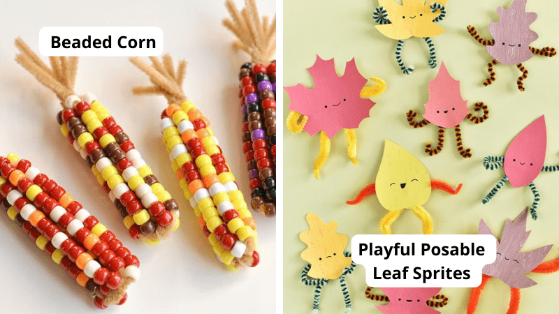 Examples of DIY Thanksgiving crafts including beaded corn and posable pipe cleaner leaf sprites