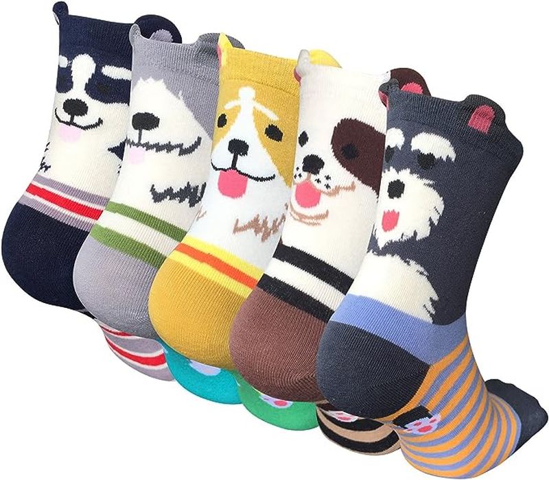 Set of five ankle socks with dog faces and ears on the backs