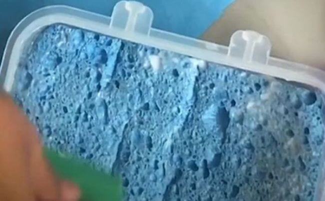 Blue sponge soaked in liquid glue (Dollar Store Hacks)