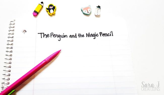 Mini erasers shaped like a pencil, penguin, fox, and snowman, with a notebook and pen