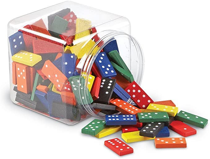 Colorful dominoes in a clear plastic tub